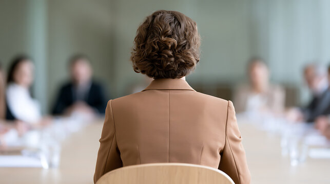 Rear view of woman applicant sit on chair face interview panel in conference room office human resource manager candidate discussion