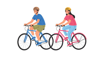 Fototapeta premium Active couple riding bicycles wearing helmets. Happy man and woman cycling together on bikes. Flat vector illustration of outdoor fitness.