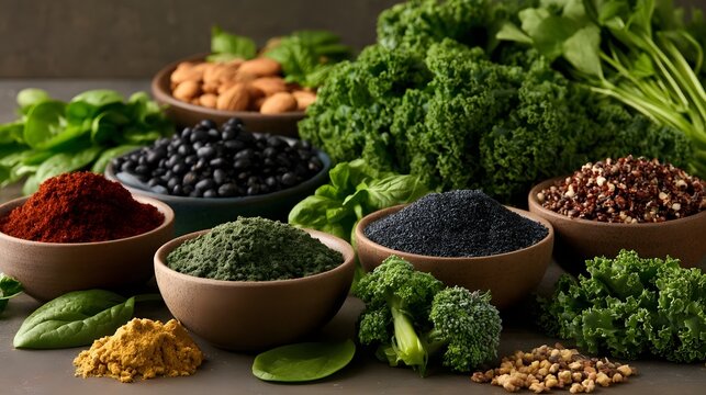 A vibrant collection of fresh greens  whole grains  legumes  and powdered superfoods displayed in rustic bowls for healthy eating