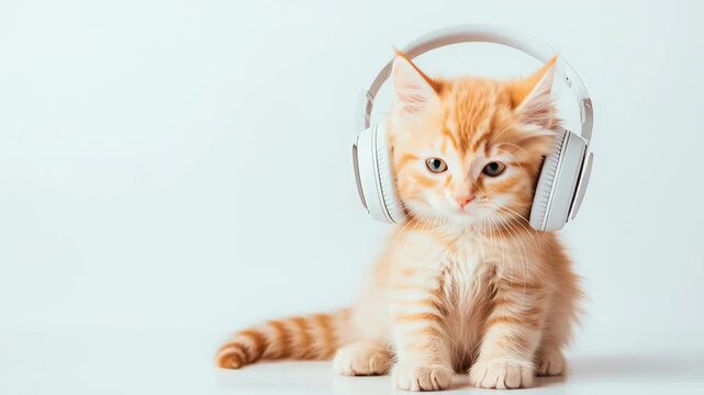 Ginger Kitten Listening to Music: A cute ginger kitten wearing headphones, with a calm expression, sits peacefully and appears to be enjoying the music.