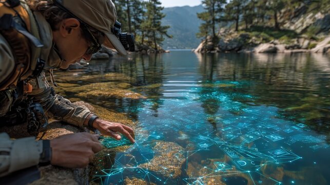Professional environmental scientist measuring water quality in mountain lake sensors holographic data icons sustainable management technology image