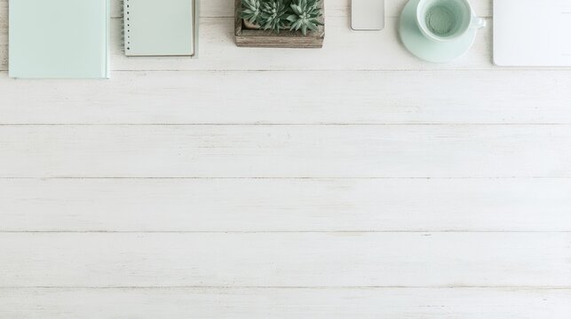 Notebooks, plant, and desk items on white wood, close view