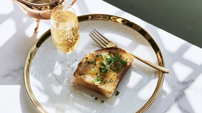 Gourmet toast with melted cheese and fresh herbs on a gold rimmed plate, served alongside sparkling wine for a luxury meal