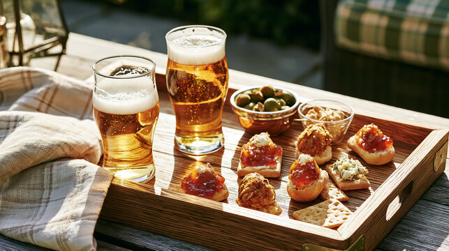 Glasses of golden beer and a wooden tray with small bites, olives, and nuts are ready for an outdoor summer party