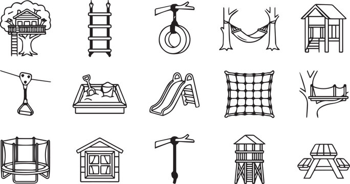 Backyard playground and treehouse construction featuring slides, swings, trampolines, and wooden play structures in a line style