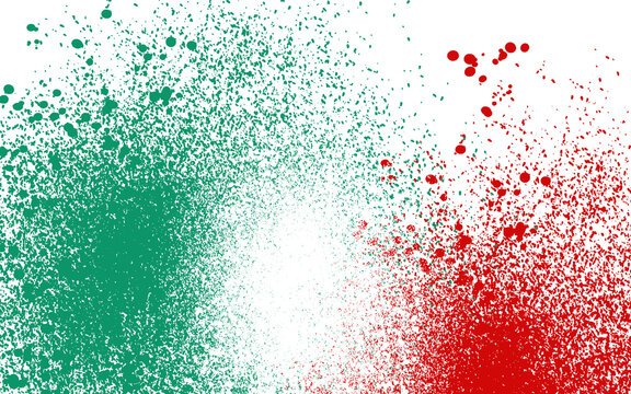 Green and red spray paint splatters on white background, abstract Italian flag colors paint drops, textured ink splatter background