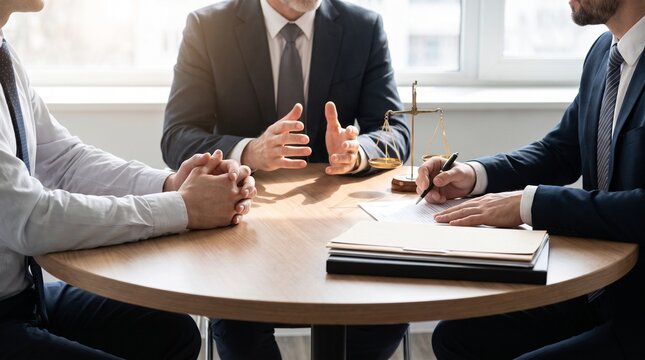 Professional lawyers and client in legal consultation meeting at office desk