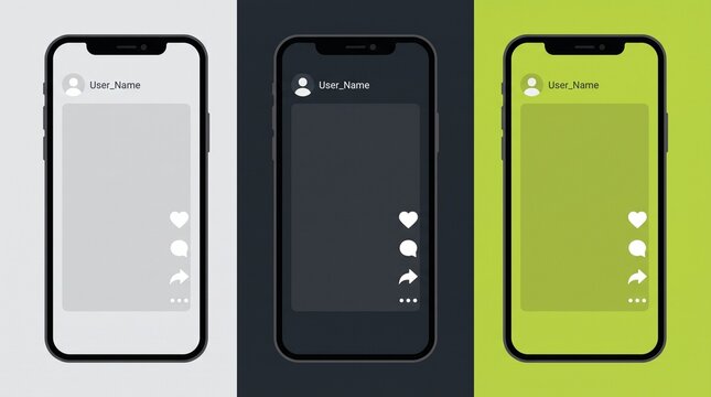 Vertical video feed mobile app interface mockup with social media UI elements