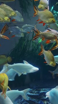 Tinfoil Barb Fishes. Tinfoil Barb Is Schooling Species. Active And Entertaining Fishes. Tinfoil Barb Grouped Together In Underwater. Fish Tinfoil Barb Swimming In Aquarium With Other Fish. Tropical