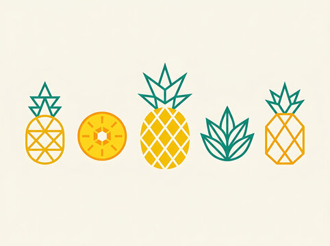 Geometric pineapple illustration set in yellow and green colors for modern minimalist design projects creative food branding and summer patterns.