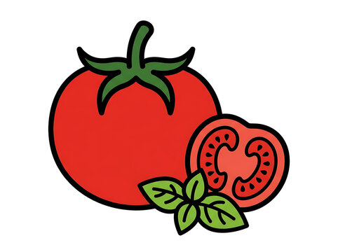 Fresh red tomato illustration with a cross section slice and green basil leaves showing internal seeds and juicy texture on plain white background.
