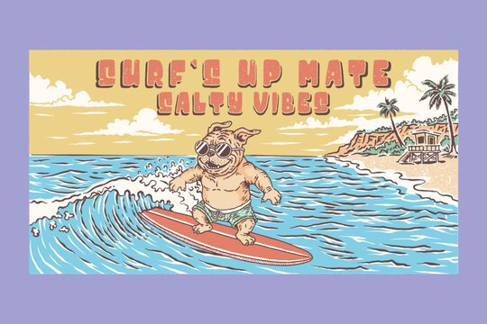 bulldog illustration surf graphic animals design beach badge summer vintage