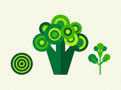Abstract geometric broccoli vegetable design elements with green circular patterns for modern culinary branding or minimalist organic food illustrations.