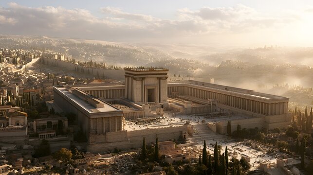 Aerial view of the second temple in jerusalem during the roman era, historical architectural reconstruction
