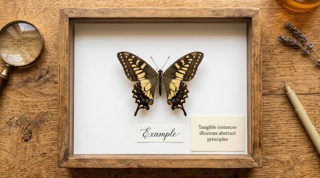 Framed butterfly specimen with magnifying glass, pen, and lavender sprig on a wooden desk, representing education and study
