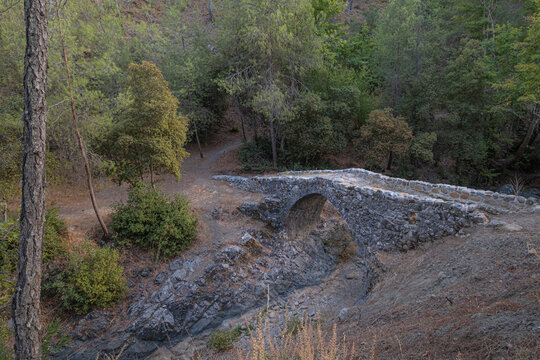 Elia medieval Venetian Bridge, a one-arch stone-built narrow bridge over the Diarizous River, located at the south-western end of Paphos Forest, Fini village, Limassol district, Cyprus