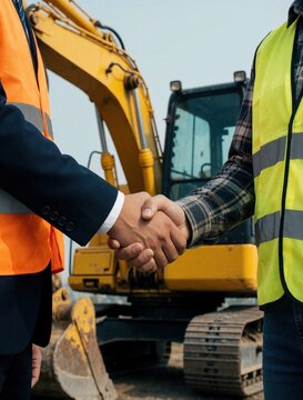 Two men in safety vests shake hands on construction site. Yellow excavator behind them, signifying agreement and partnership in building projects.
