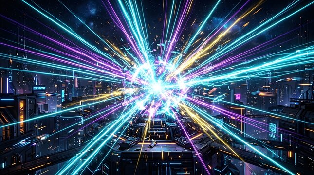 Abstract futuristic neon light explosion in digital cityscape