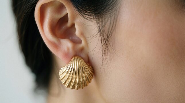Close up of female ear wearing large gold seashell earring. Elegant jewelry accessory in scallop shape for summer fashion. Beautiful woman shows stylish gold ornament for beach vacation luxury beauty