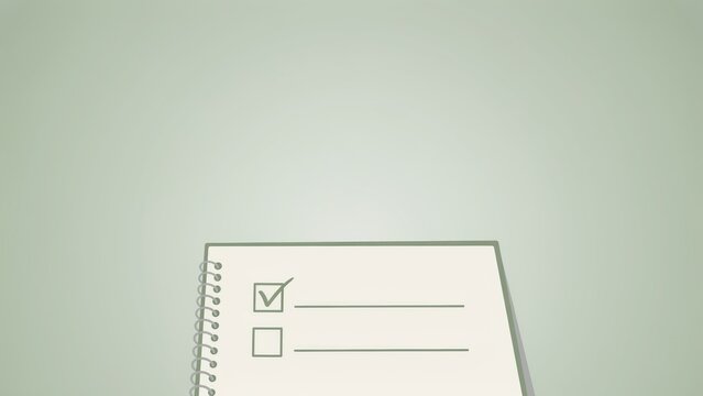 Checked task in a spiral bound notebook on light green background with notebook page displays empty checkbox below illustration stationery with minimalist