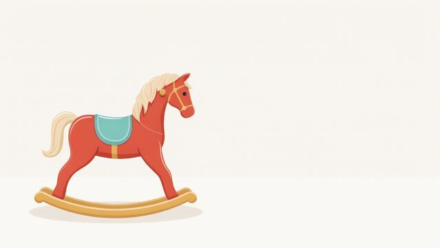 Red rocking horse toy on curved base in flat vector illustration style with saddle golden brown light blue saddle bright red body plaything with childhood
