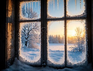 Naklejka premium Winter sunrise through old wooden window frame. Frosty glass, icicles hang over snowy landscape with frozen trees. Golden morning sunlight shines on white snow, forest. Cozy rustic view of cold