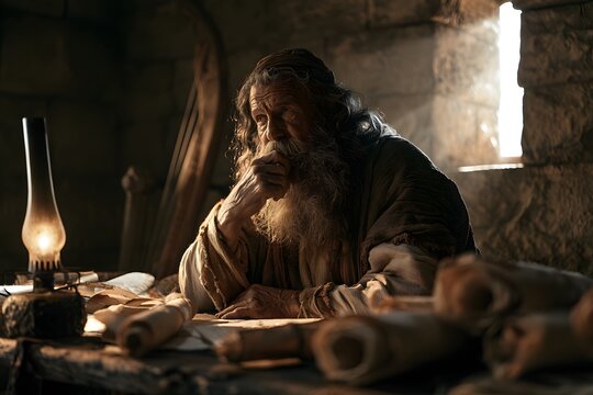 Thoughtful elderly man with long hair and beard studying ancient scrolls by lantern light in a stone room