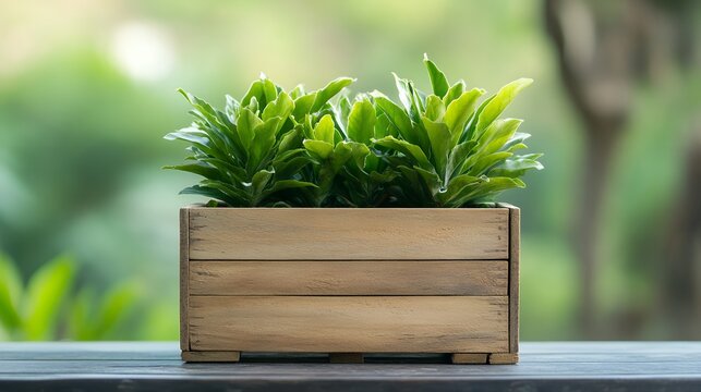 Lush green plants thrive in a rustic wooden planter box, set against a blurred natural backdrop