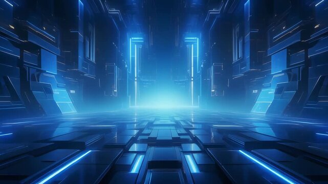 Abstract blue futuristic tunnel with glowing light lines and symmetrical patterns moving forward