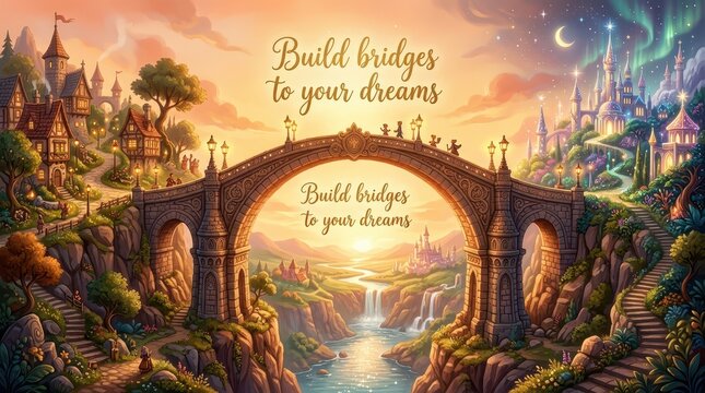 Enchanting fantasy landscape with a stone bridge connecting villages and a fairytale castle, inspiring dreams and ambition.