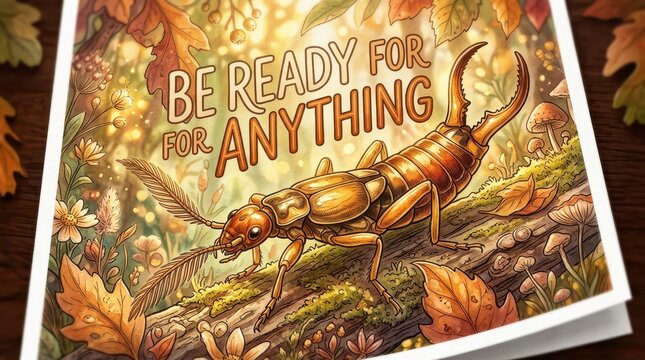 Illustration of a large earwig with pincers in a whimsical autumn forest setting, with text "Be Ready For Anything"