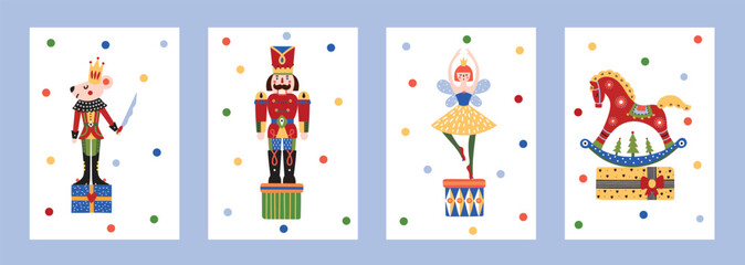 Fototapeta premium The Nutcracker ballet Christmas cards set. Cute cartoon vector illustrations of Nutcracker toy soldier, ballerina dancer, mouse king and rocking horse on festive background with confetti.