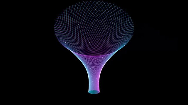 Abstract digital funnel vortex with glowing particles and grid pattern in purple and blue hues 