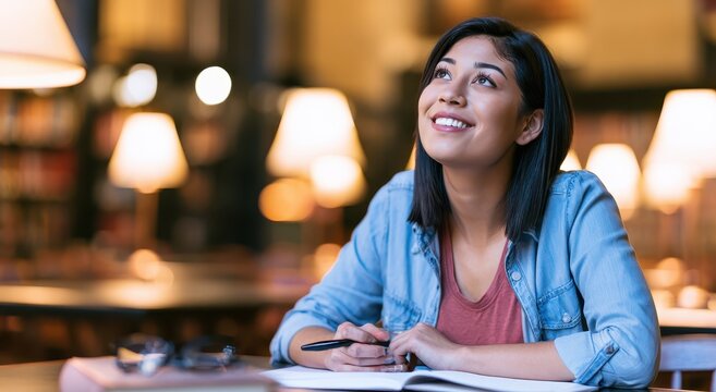 Young woman smiling while studying in a library with warm bokeh lighting