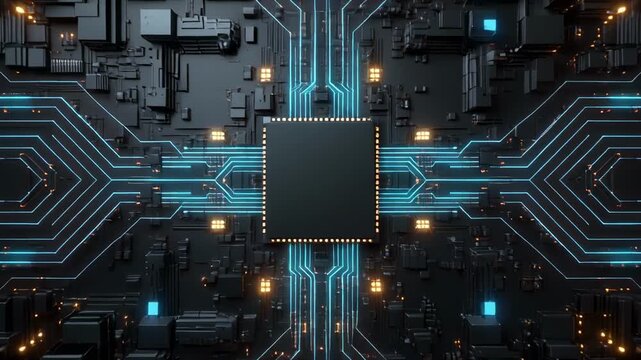 Abstract circuit board with glowing blue lines and central processor during futuristic technology concept development