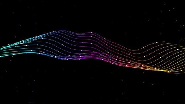 Abstract flowing colorful light lines with sparkling particles on black background dynamic wave