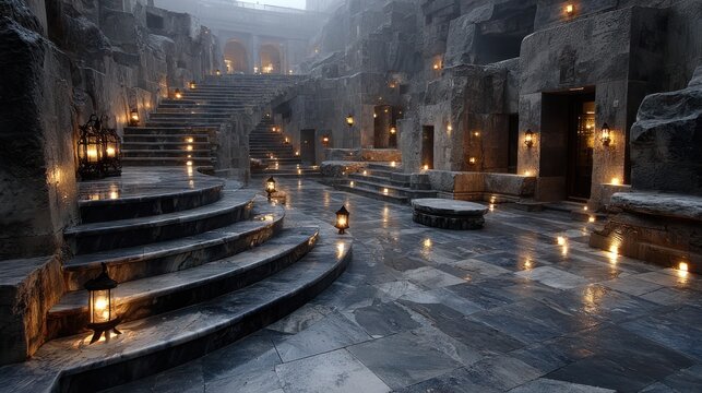 Stone steps lead to a dimly lit cavern with archways, doors, and lanterns