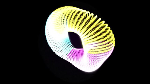 Abstract glowing torus shape rotating with vibrant yellow purple and white light trails on black