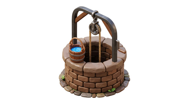 Old stone water well with bucket on a transparent background