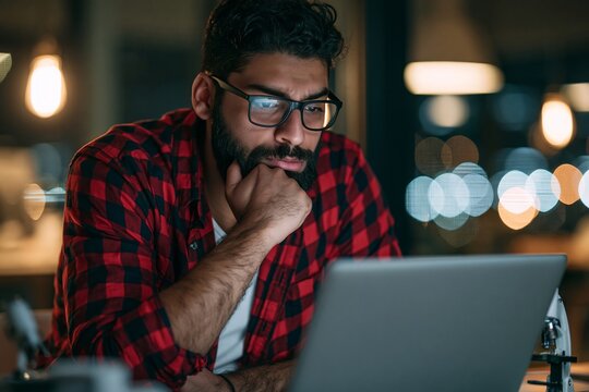 Thoughtful bearded man with glasses looking at a laptop screen during late night work
