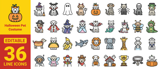 Obraz premium Halloween pet costume icon set with cute dogs and cats dressed as witches, ghosts, vampires, superheroes, pirates, fairies, unicorns and fantasy characters