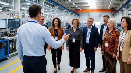 Obraz premium Back view of factory manager with lanyard leads group of visitors on plant tour. Male supervisor gestures towards machinery during business walkthrough. Pro team explores modern manufacturing