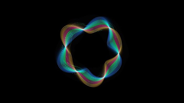 Abstract rainbow waveform pulsating energy ring glowing light particles dark background