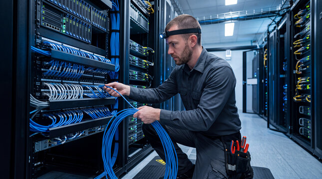 Network technician connects blue ethernet cables to a patch panel in a server room