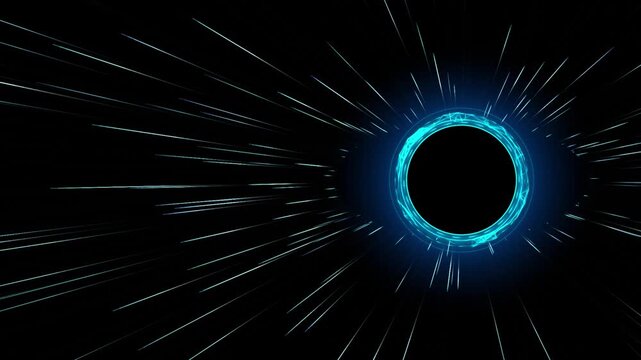 Futuristic abstract black hole vortex with glowing blue energy ring and light speed streaks