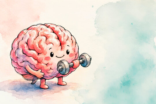 Watercolor illustration of a cute athletic brain holding a dumbbell. Conceptual illustration of human development and intelligence.