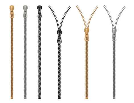 Set of zippers. Various clothing fasteners. Vector illustration.