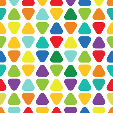 Geometric children seamless pattern with drawing triangles. Bright colorful background texture with vibrant fun repeat shapes and abstract creative kids geometry for modern wrapping paper print