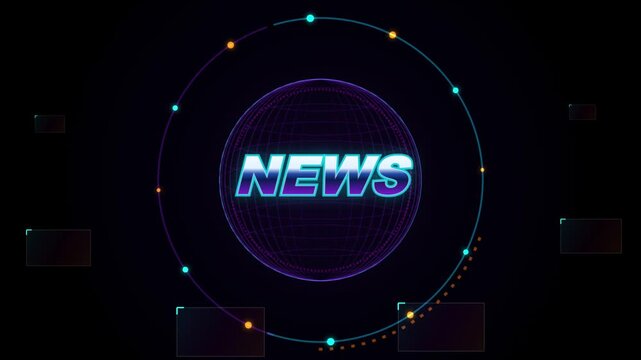 Futuristic digital globe with glowing neon n e w s text animation and abstract data points