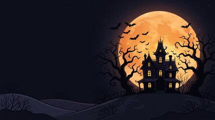 Fototapeta premium Spooky Halloween landscape featuring a silhouette of a haunted mansion on a hill, a full moon, bats, and gnarled trees.